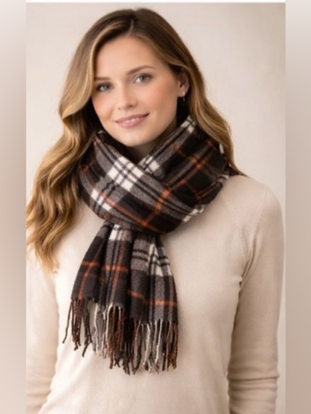 Cashmere Plaid Fringe Scarf Black Orange White